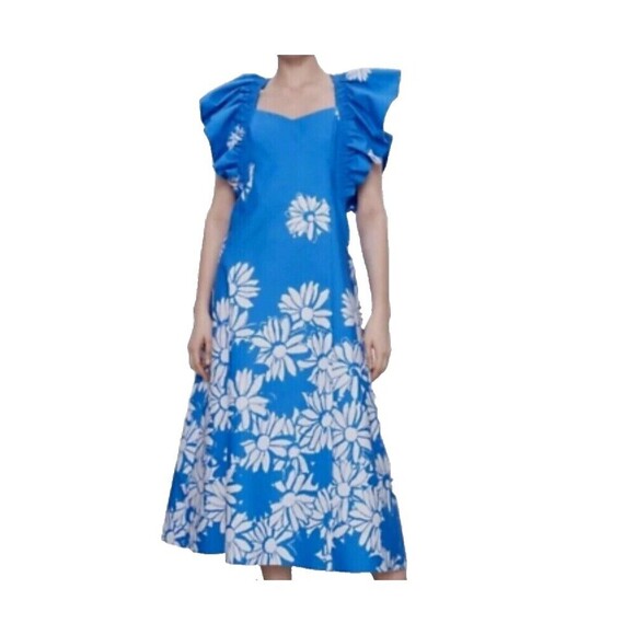 ZARA Daisy Floral Statement Ruffle Sleeve Midi Dress Size Medium Sweetheart Neck - Picture 1 of 9